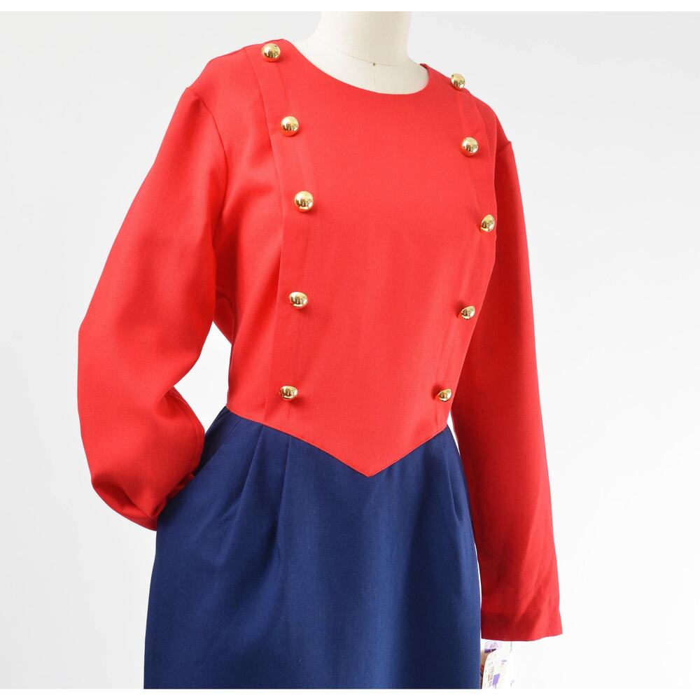 Vintage Red Navy Military Nautical Basque Waistline Pleated Front Sheath Dress M - Picture 5 of 7